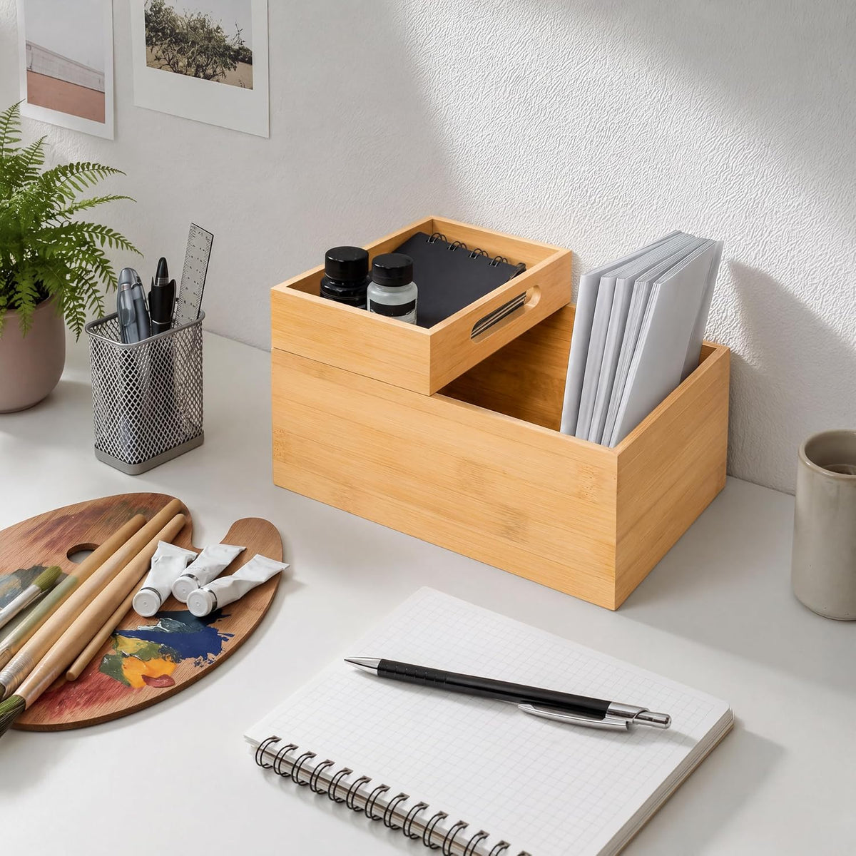 HOMESTEAD 3-Piece Stackable Bamboo Storage Box, Large Storage Bin, Wooden Boxes for Makeup Drawer Organizer Bathroom, Office Supplies, Kitchen Utensils, Bamboo Storage Containers (Medium)