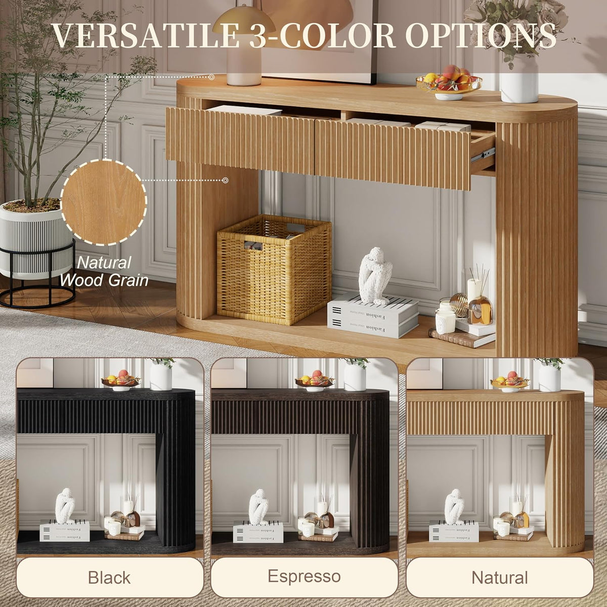 Elegant Oval Fluted Entryway Table with 2 Storage Compartments & Open Shelf,Solid Wood Veneer Console Table for Living Room Hallway (Natural1)