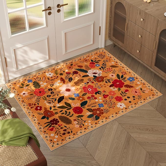 Rugcomf Door Mat Indoor Entrance 2x3 Rug Machine Washable Boho Floral Small