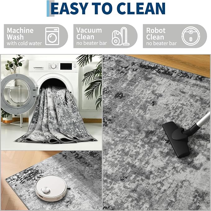 Living Room Rug 9x11 Gray Area Rugs Machine Washable Abstract Boho Large Rug