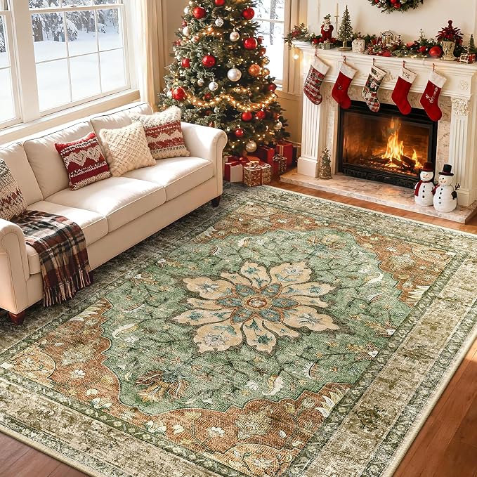 RELEANY Area Rugs 6'x8' Washable Non-Slip, Floral Vintage Distress Medallion