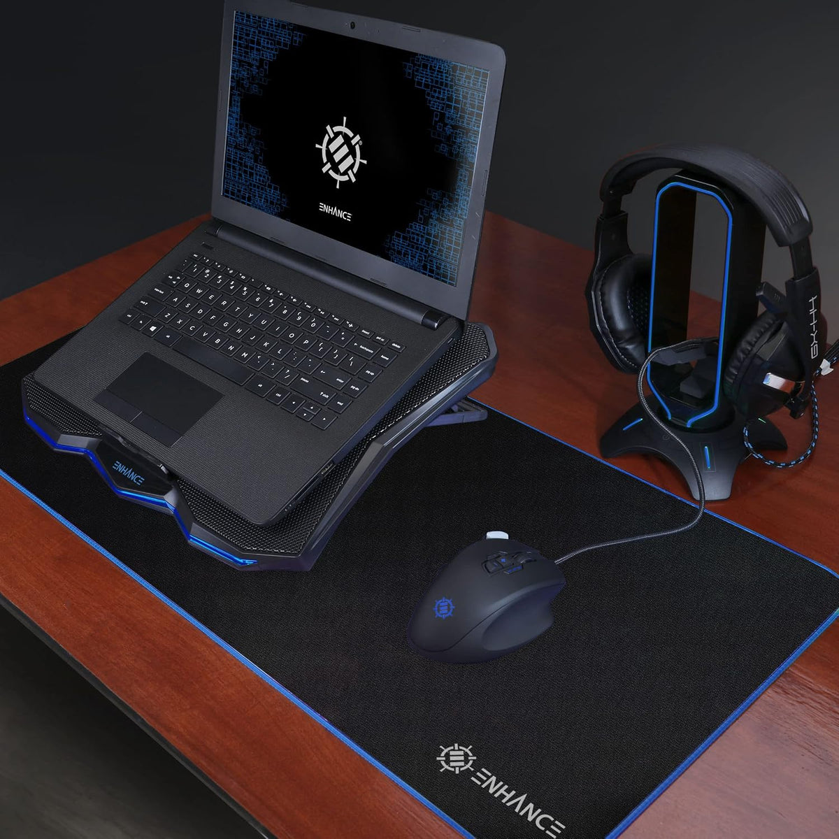 ENHANCE Cryogen 5 Gaming Laptop Cooling Pad Stand - Laptop Cooler with 7 Adjustable Height Settings & Dual USB Ports up to 17 inches - 1 Ultra Quiet High Performance LED Fan 800 RPM - Blue