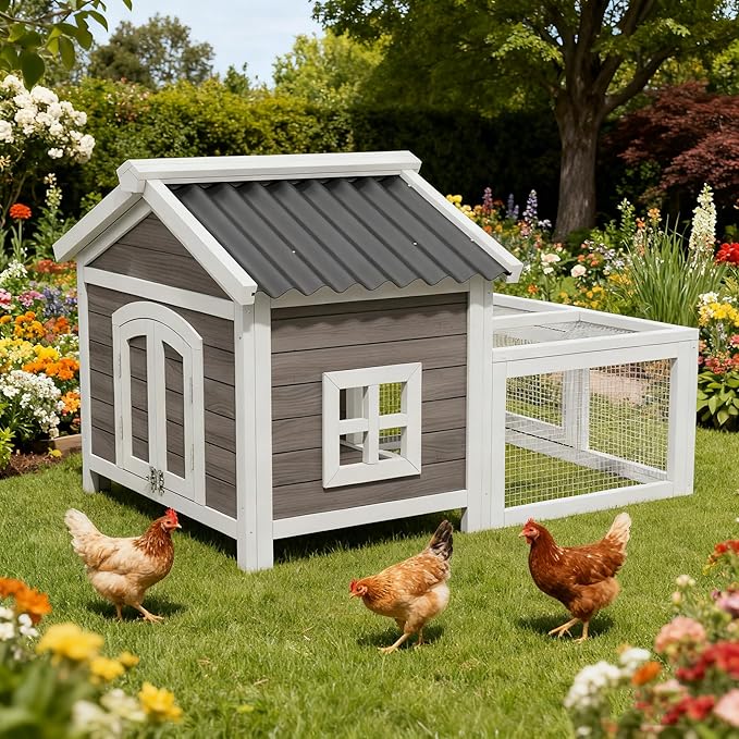 Wooden Chicken Coop Indoor and Outdoor,Hen House Poultry Pet Hutch with 2 Zone,Waterproof roof,Windows and Ventilation Door for Small Animals Habitat