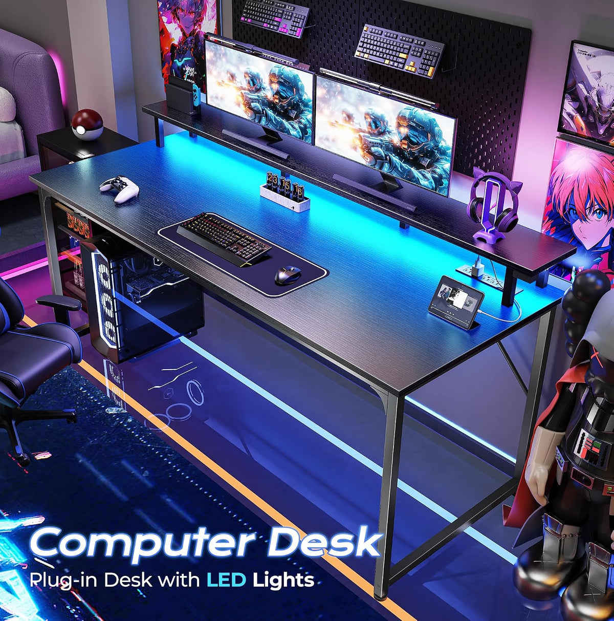 PRAISUN 55 inch Gaming Desk, LED & Power Outlets, Monitor Stand, Black