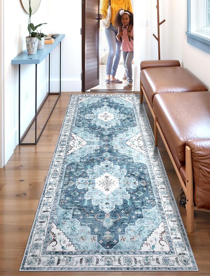 SERISSA Boho Washable Runner Rug, 2x6 Rug Non-Slip Vintage Blue Hallway Kitchen