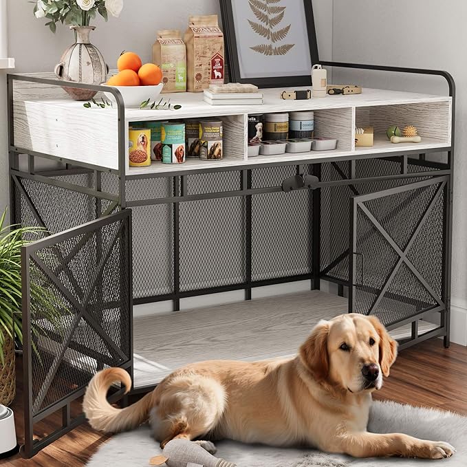 Dog Crate Furniture, 48" Heavy Duty Wooden Dog Crate End Table, XL Dog Kennel Furniture Large Breed, Decorative Dog Kennel Indoor with 3 Drawers & Steel Tubes 48" L x28 W x36 H (White)