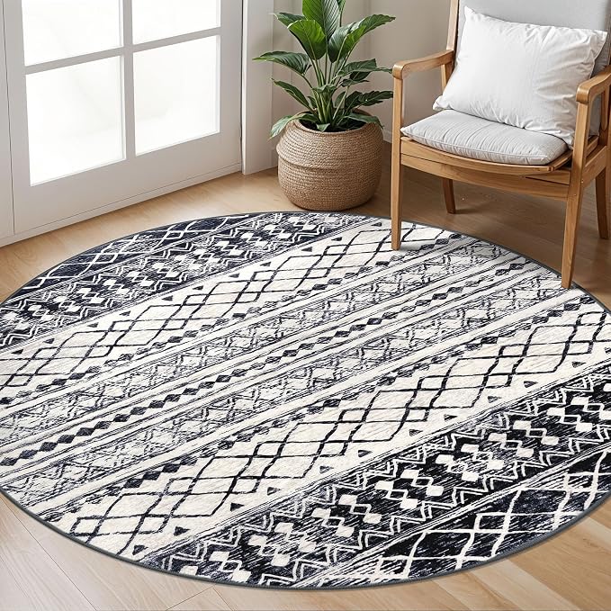KUTA Washable Rugs Round 5Ft Black Navy Blue Boho Area Rug