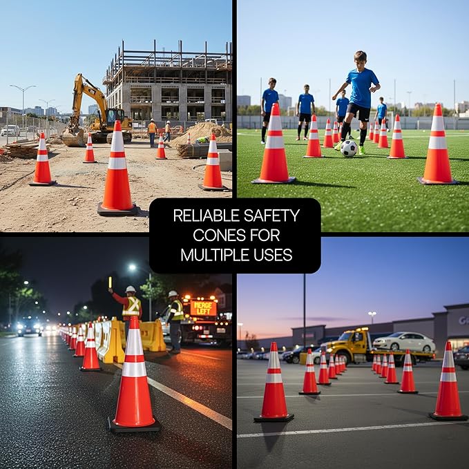 Brimar 28 Inch Traffic Cones, 10 Pack, Orange PVC Safety Cones with Black Base for Construction, Road Parking, MUTCD Approved Traffic Cones with 3M Reflective Bands, Structurally Stable Wearproof