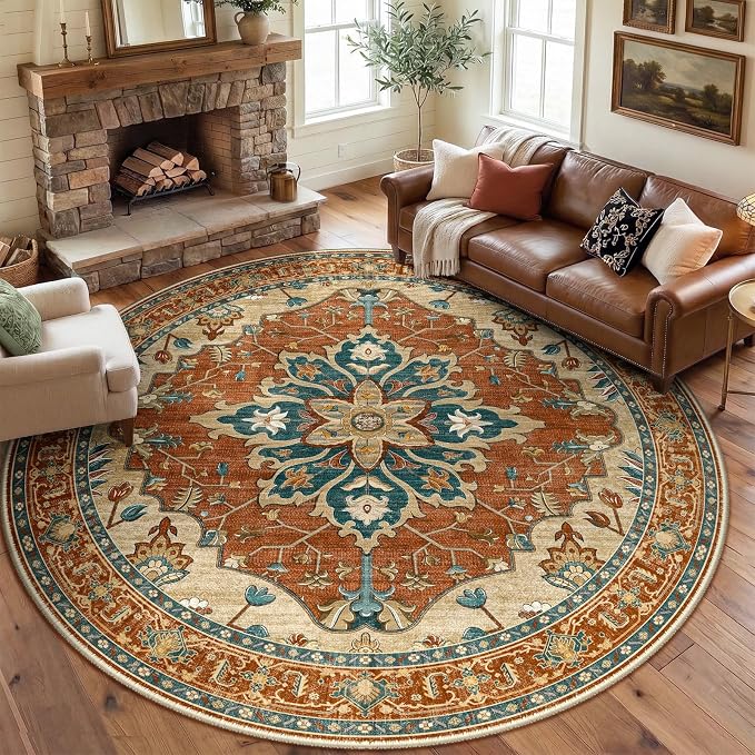 RELEANY Area Rugs Round 8ft Washable Non-Slip, Floral Vintage Distress