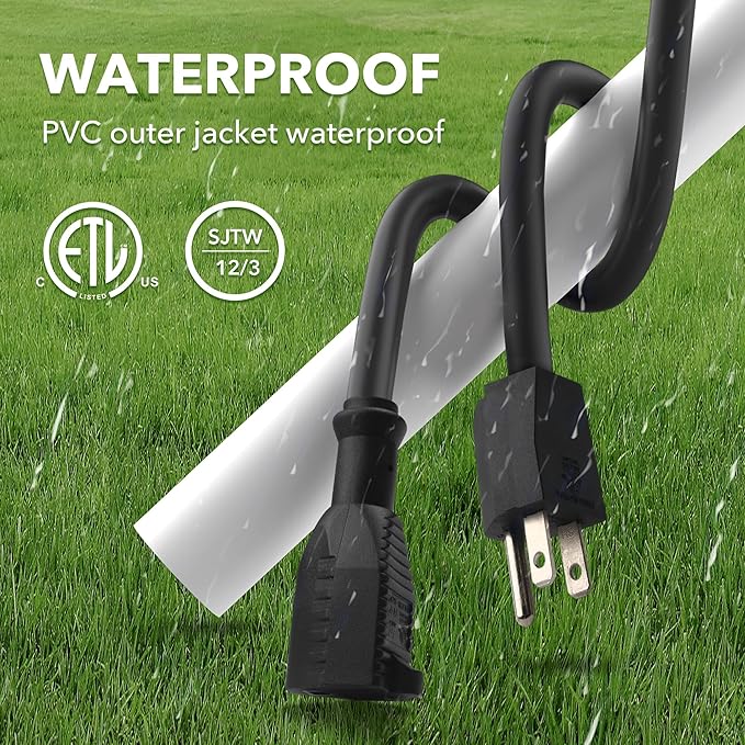 BN-LINK 10ft Outdoor Extension Cord, 12/3 SJTW Heavy Duty Power Cord, 3-Prong Grounded Plug, Weather Resistant, 15A, 1875W, Black, for Lawn, Garden, Appliances, ETL Listed
