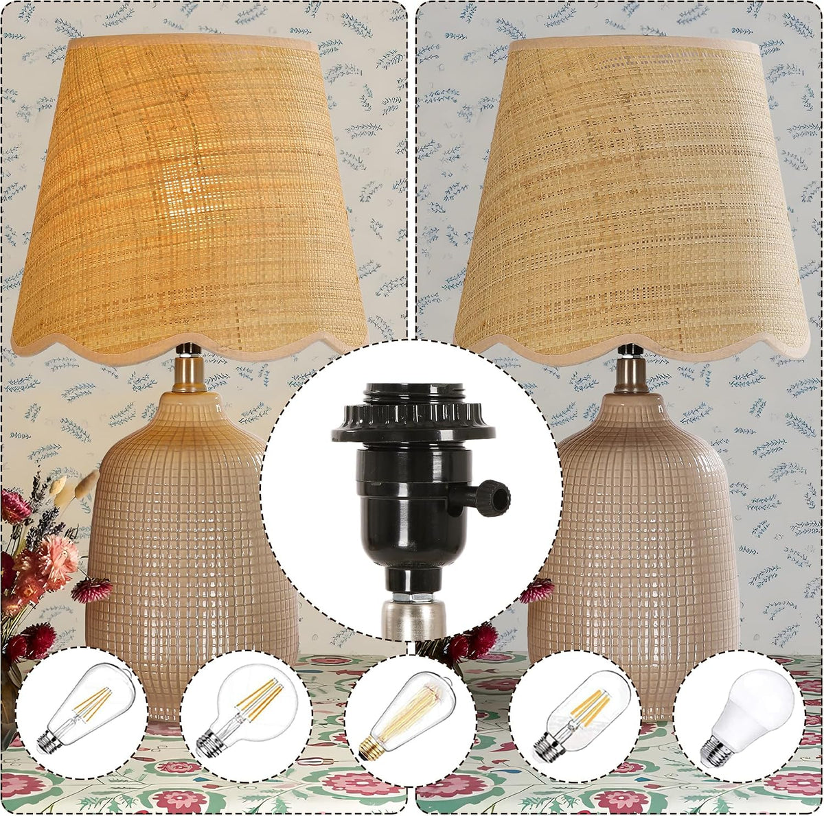 Pia Ricco 19" Modern Ceramic Table Lamp for Living Room Gray Camel Base Desk Lamps for Bedroom Farmhouse Bedside Nightstand Lamp End Table Lamps,Pink,Rattan Shade
