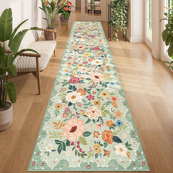 DUKINO 2.6x12 Kitchen Runner Rug, Lightweight Floral Washable Rug