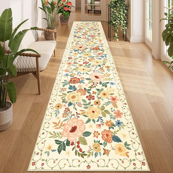 DUKINO 2.6x12 Kitchen Runner Rug, Lightweight Floral Washable Rug
