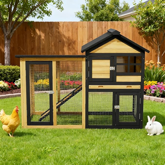 Chicken Coop, Chicken Run,Small Wooden Duck Coop Outdoor 2-Tier Hen House All Weather Used Poultry Quail Cage Rabbit Pet Hutch House with Ramp for Small Animals (Yellow Black)
