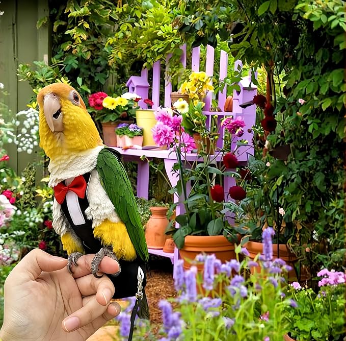 Bird Diapers Bird Harness Tuxedo Flight Suits with 80in Flying Leash Parrot Nappy with Waterproof Inner Layer Urine Wet Suite for Cockatiel Conure Parakeet Macaw Budgie-Black,S