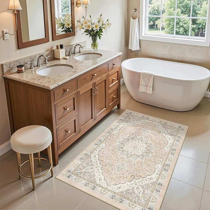 Madane Washable Area Rug 2x3, Small Entryway Rug Non-Slip Vintage Door Mat