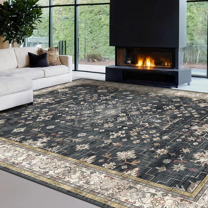 Black Boho Rug for Living Room 9x12