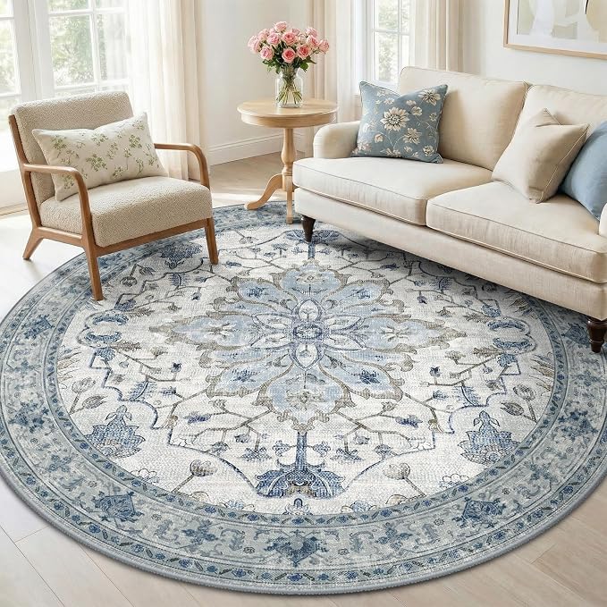 RELEANY Area Rugs Round 6ft Washable Non-Slip, Floral Vintage Distress