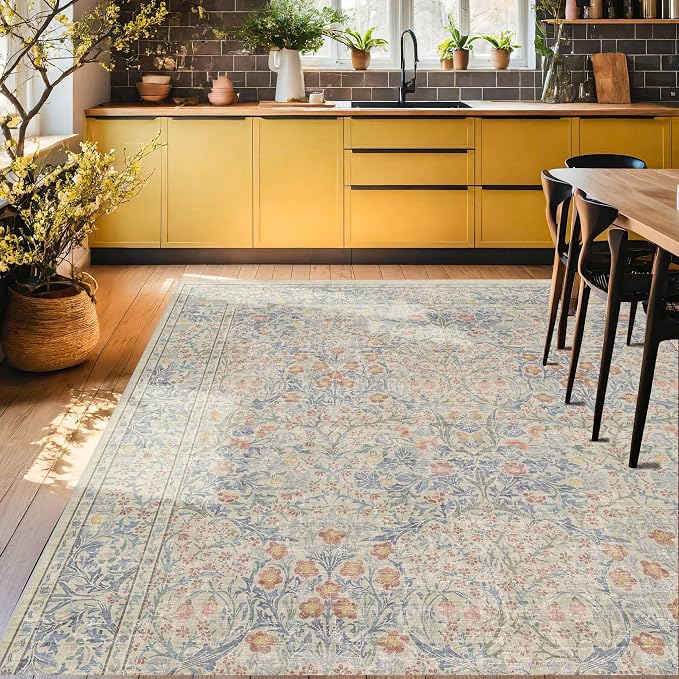 Vintage Washable Beige Blue 10x12 Rug