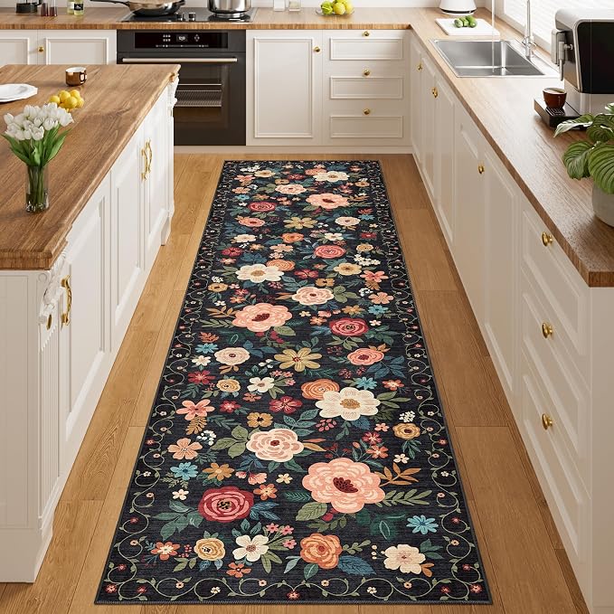 DUKINO Runner Rug for Hallway, 2.6x10 Washable Floral Long Kitchen Rug