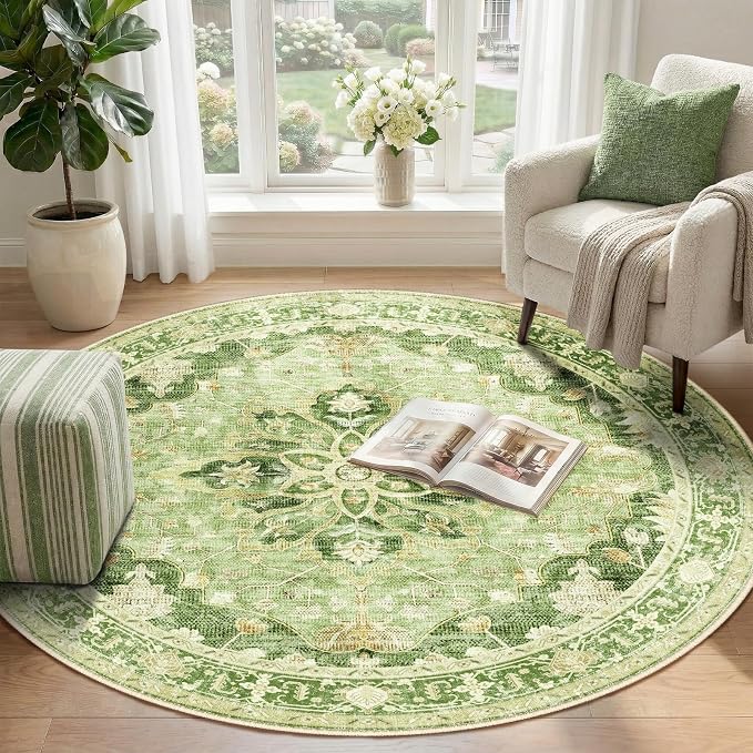 RELEANY Area Rugs Round 4ft Washable Non-Slip, Floral Vintage Distress