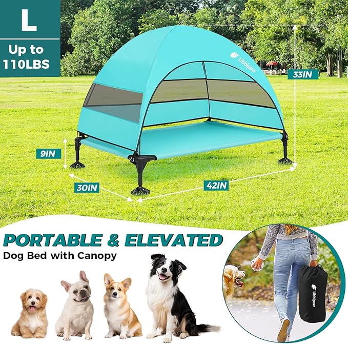 Windproof Elevated Dog Bed with Canopy & Stakes, 3-Sided 90% UV Block, Chew-Proof Teslin Mesh Mat for Large Dogs up to 150lbs(Blue Large)