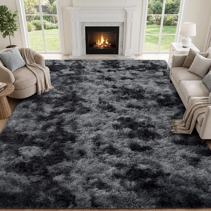 Area Rug for Living Room Bedroom: 9x12 Black Grey Soft Fluffy Shag Upgrade