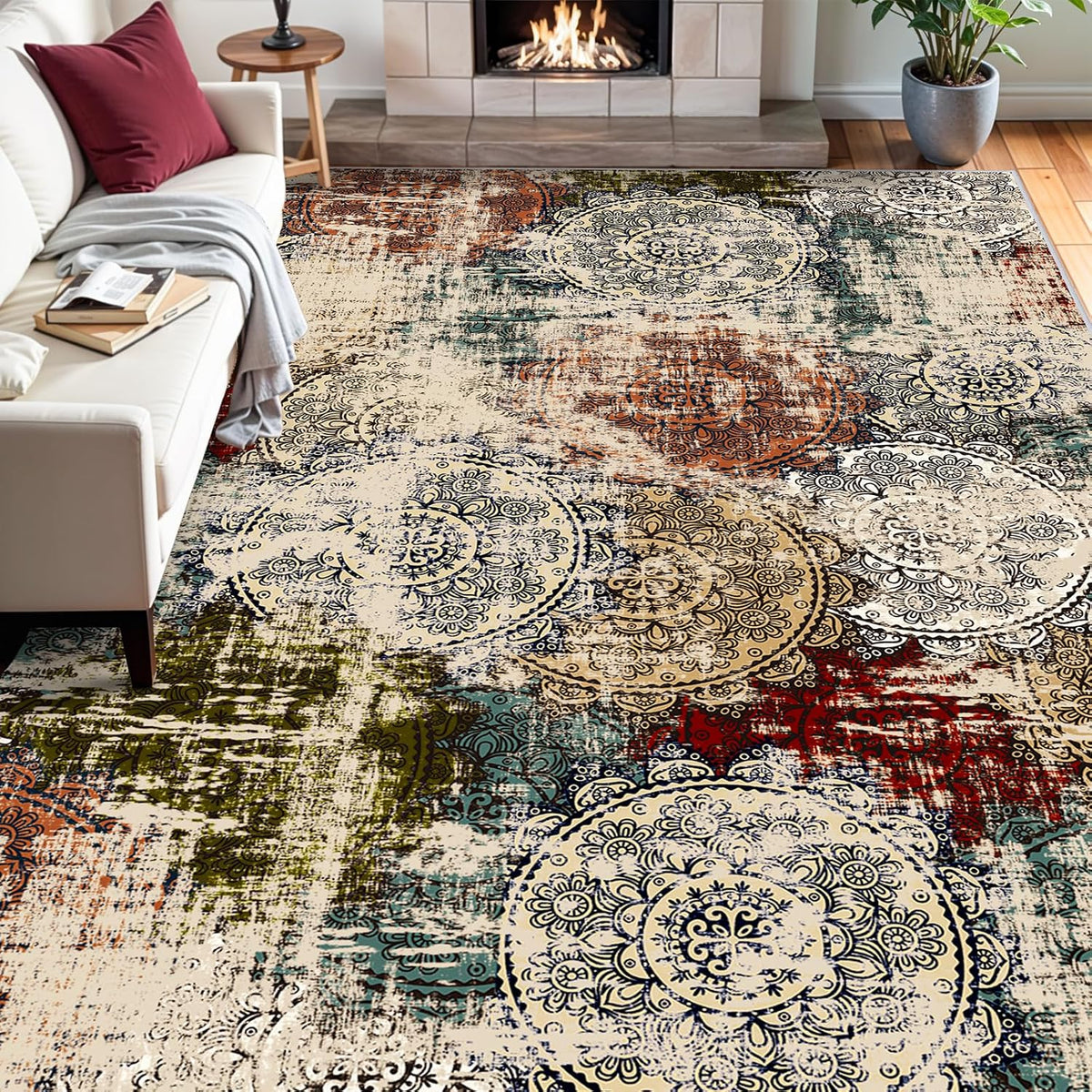 8x10 Area Rugs Living Room: Red Soft Washable Non-Slip Thin Mandala Carpet