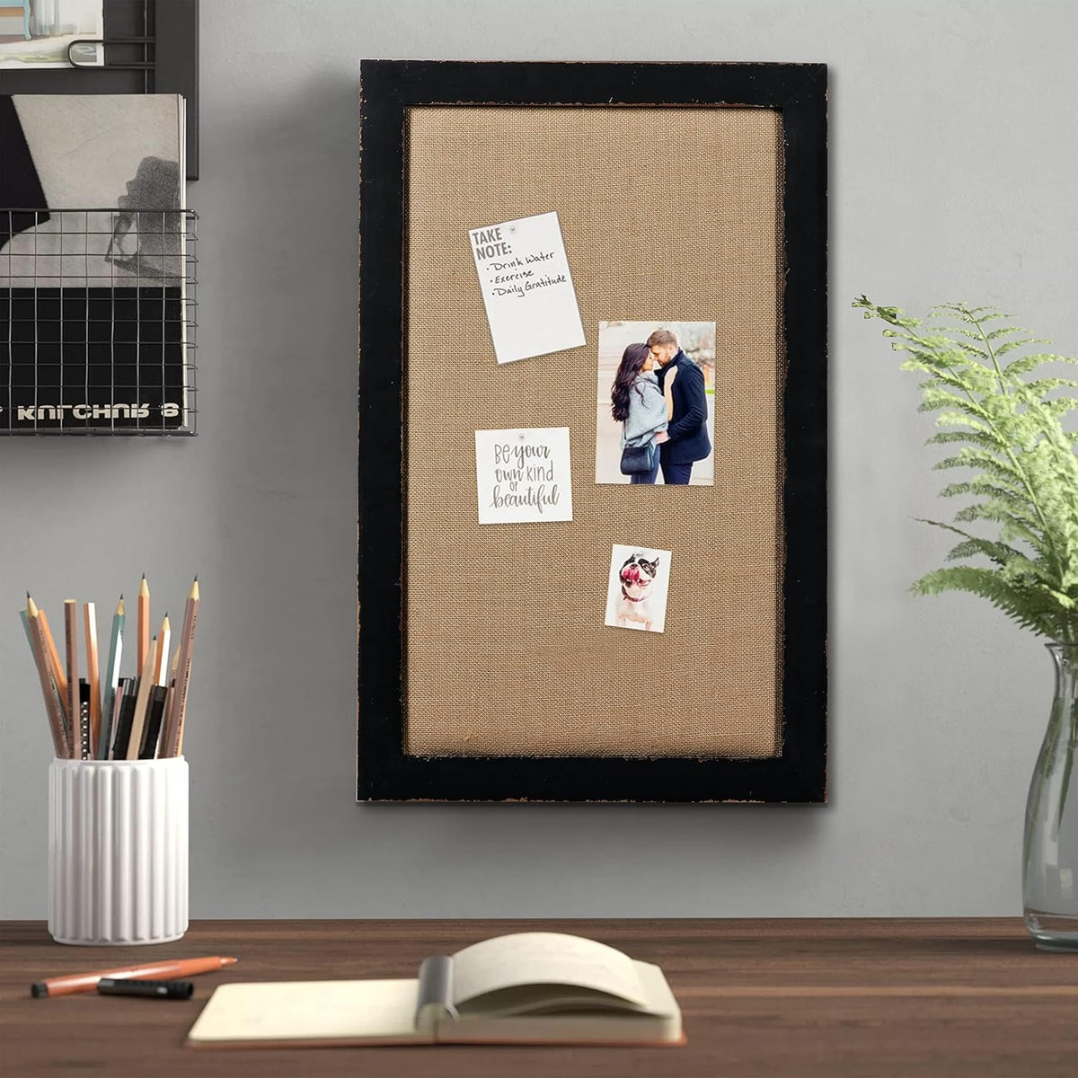 SOFE 18x29 Black Framed Bulletin Board, Fabric Pin Board Large