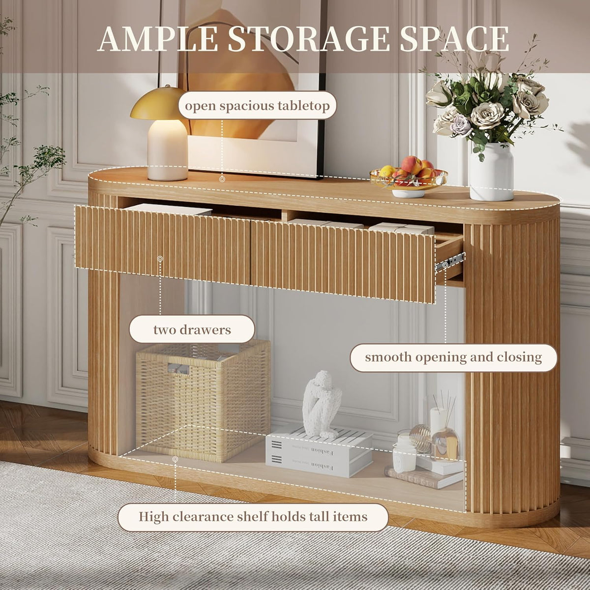 Elegant Oval Fluted Entryway Table with 2 Storage Compartments & Open Shelf,Solid Wood Veneer Console Table for Living Room Hallway (Natural1)