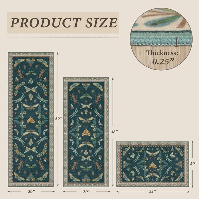 JTJ Botanical Insect Kitchen Rug Set of 3, Washable and Non-Slip Low Pile Floor