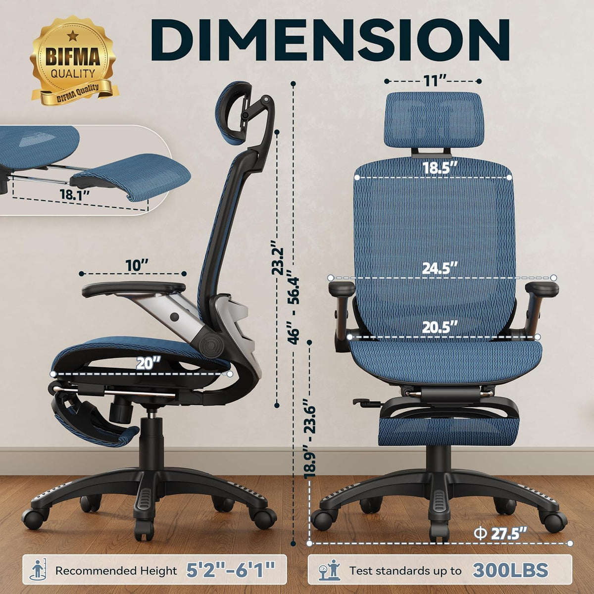 Ergonomic Office Chair with Footrest – High Back Executive Mesh Desk Chair for Corporate & Home, 135° Recline Task Computer Chair with Flip-Up Arms, Wide Seat, Class-4 Cylinder, 300 LBS - GY01BL-FT