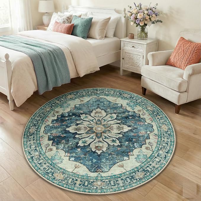 RELEANY Area Rugs Round 4ft Washable Non-Slip, Floral Vintage Distress
