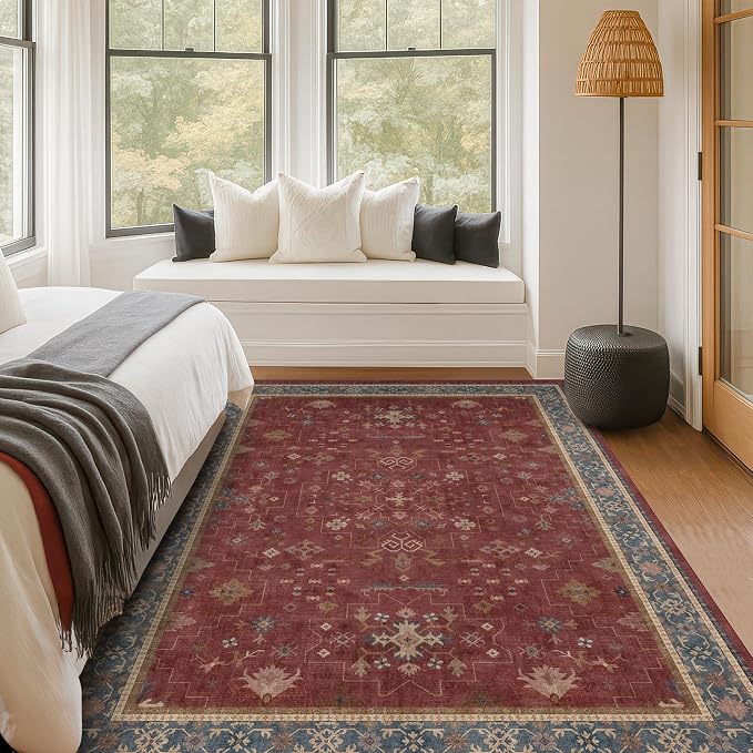 5x7 Boho Dark Red Rug for Living Room
