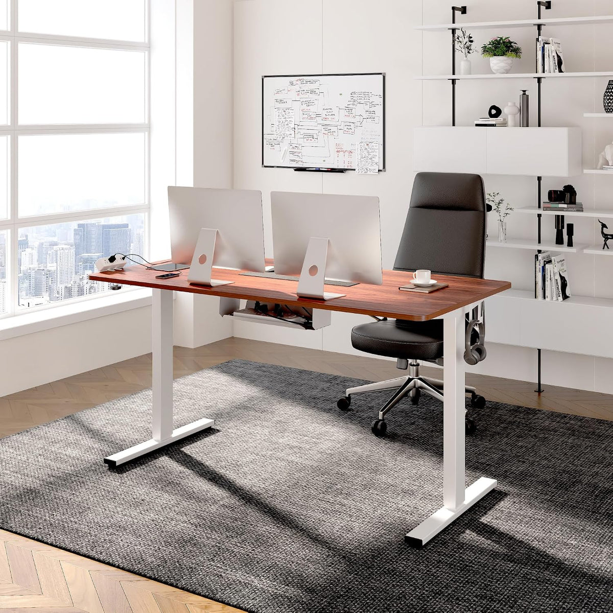 FLEXISPOT EN2 55"x28" Whole-Piece Standing Desk with Power Strip, Mahogany