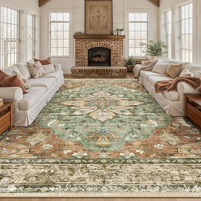 RELEANY Area Rugs Large 9'x12' Washable Non-Slip, Floral Vintage Distress