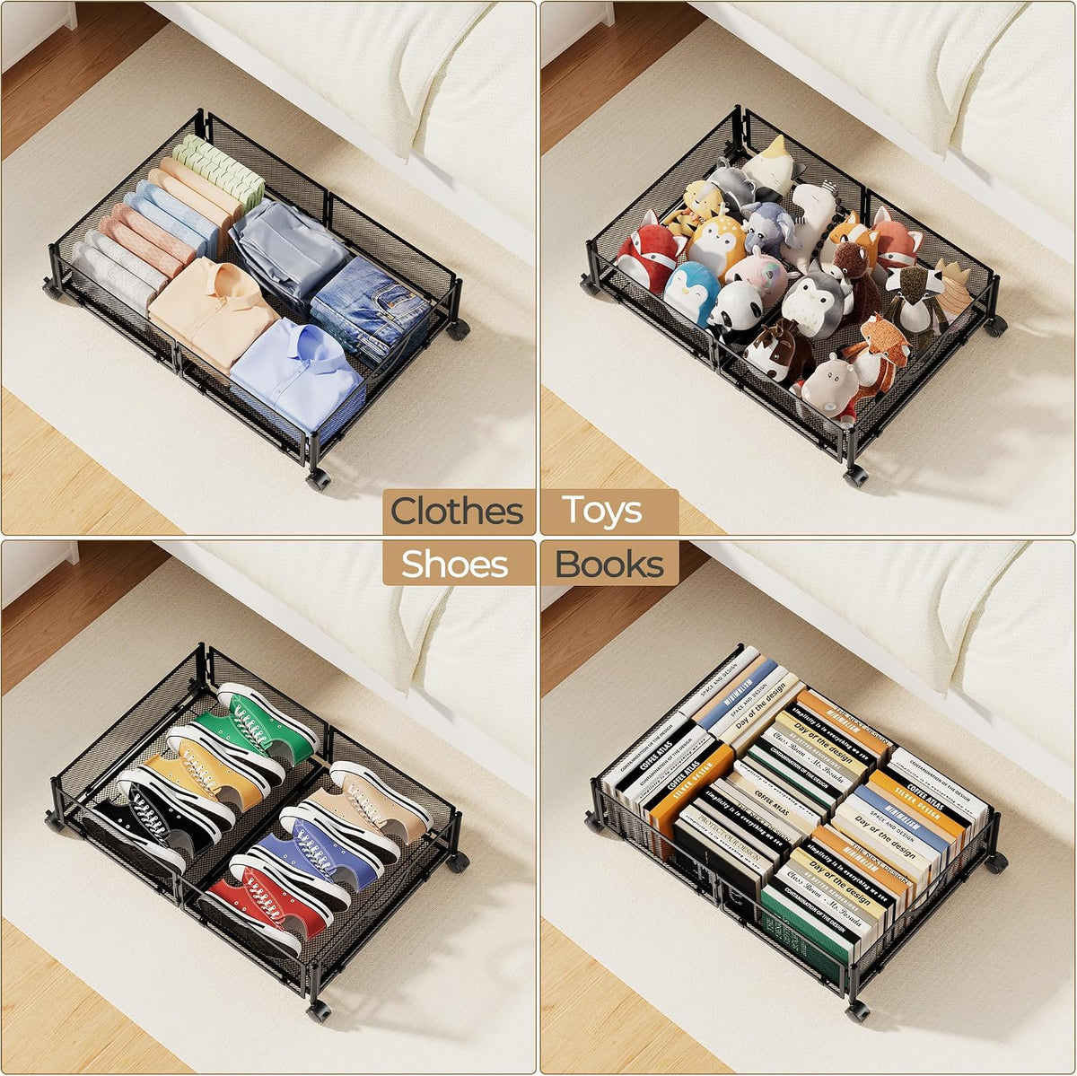 Yecaye Under Bed Storage with Wheels, 4 Pack Under Bed Shoe Storage, Black