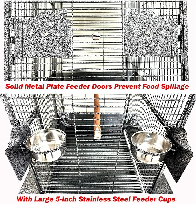 X-Large 32" Lx23 Wx69 H Deluxe Wrought Iron Bird Parrot Cage Top Play Ground Walk Ladder Stainless Cups Include Seed Guard Large Storage Shelf Heavy Duty Rolling Lockable Wheels
