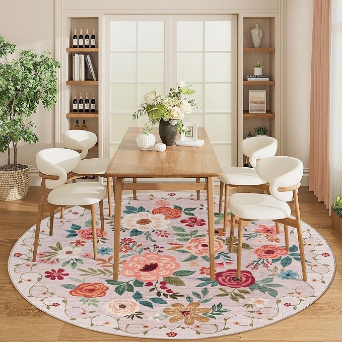 DUKINO Floral Round Rug, 6ft Washable Circle Rug, Non Slip Indoor Low Pile