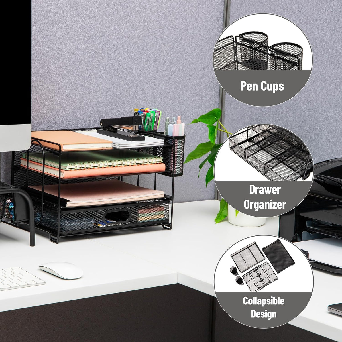 Mind Reader Mesh Desk Organizer, 3 Trays, 1 Drawer, 2 Pen Holders, Office Desktop Organizer, Metal Mesh, Black