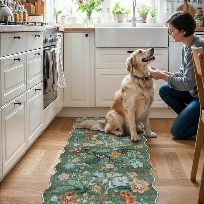 Washable Floral 2x4 Area Rug: Indoor Soft Scalloped Carpet