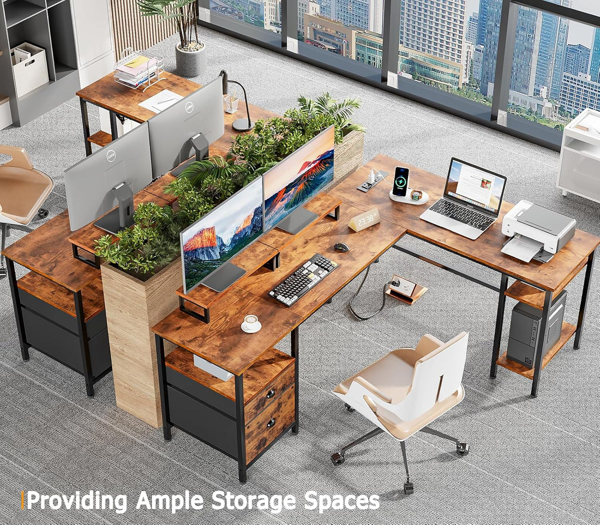 Furologee 66'' L Shaped Desk with Power Outlet and 2 Drawers, Rustic Brown