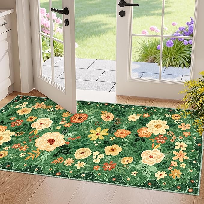 DUKINO 2x4 Rug for Entryway, Washable Kitchen Floral Runner Rug