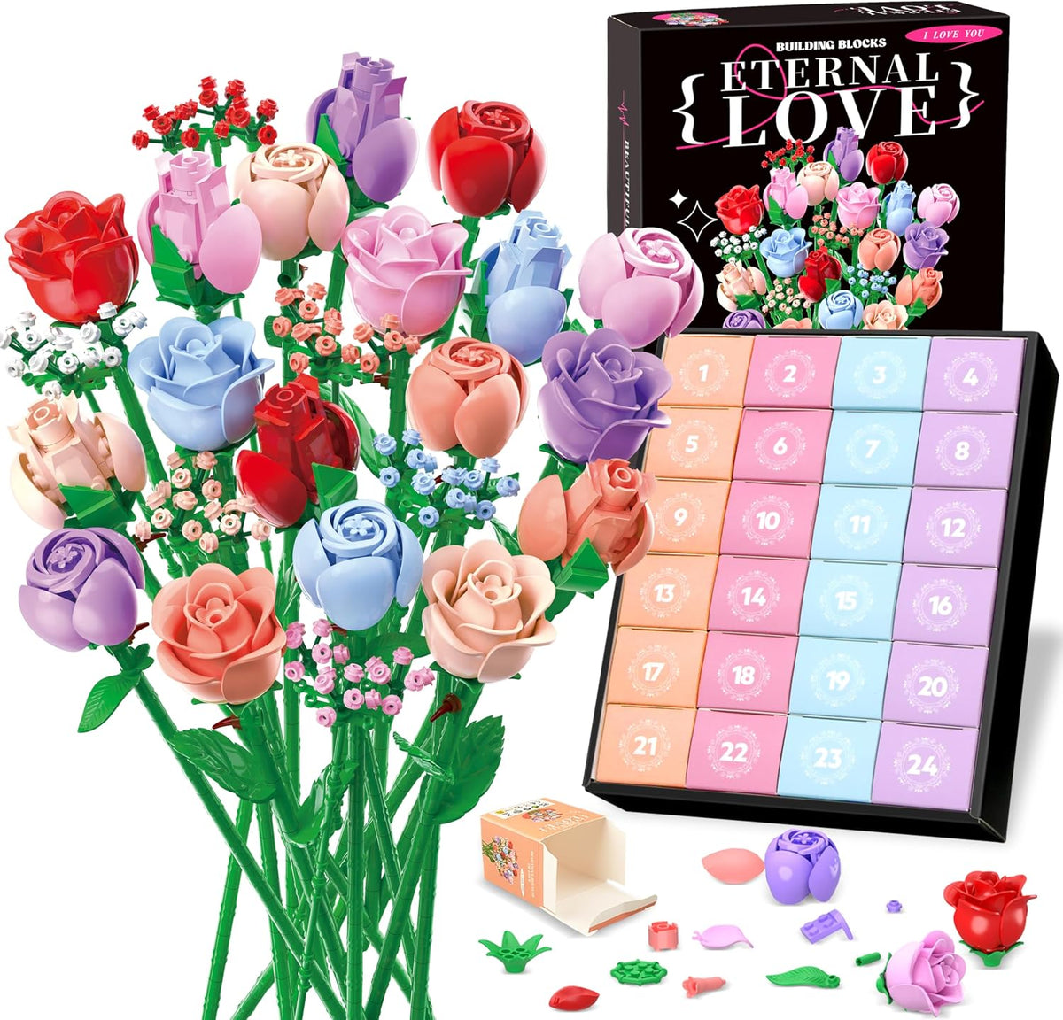Sopu Flower Advent Calendar 2026, 24 Day Christmas Countdown Building Set - 1380 PCS Botanical Flower Bouquet Building Blocks, DIY Forever Flowers Gift for Teens & Adults, Home Decor