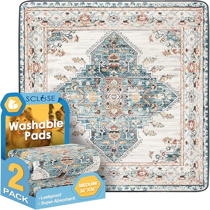 Washable Pee Pad for Dogs 2 Pack, 36" x 36" Reusable Puppy Pads Waterproof Dog Rugs, Super Absorbent, Leakproof, Dog Crate Pad, Playpen Mat, Whelping Pads, Blue Medallion