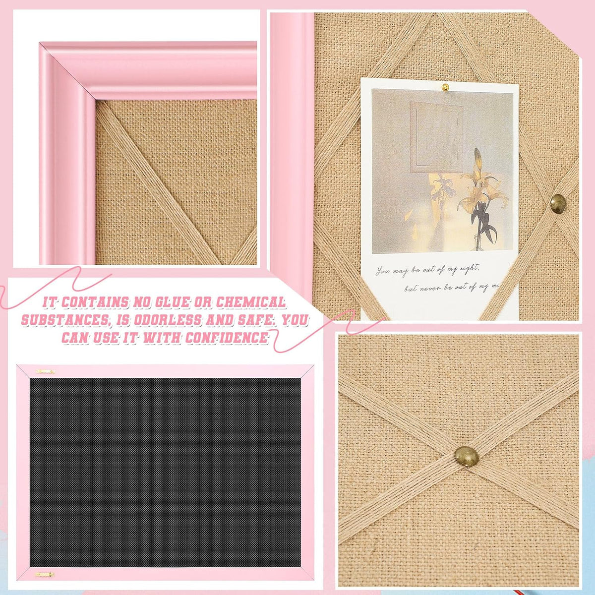 DoubleFill Pink Bulletin Board 21"×27" Linen Fabric Decorative Boards Hanging Memo Board with 20 Pushpins Large Cork Bulletin Boards for Home Office Decor Photos Display - Gold Linen with Pink Frame
