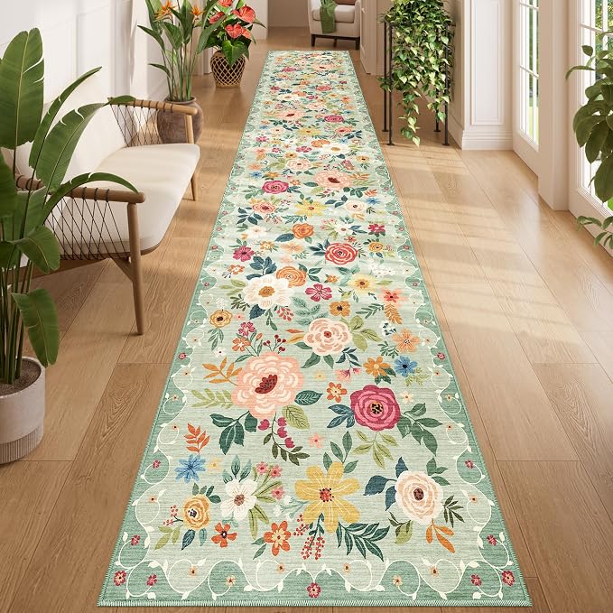 DUKINO 2x14 Runner Rug, Floral Long Washable Boho Kitchen Runner Rug