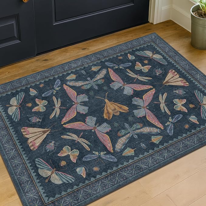 Dark Blue 2x3 Small Rugs for Bathroom Non Slip, Washable Vintage Boho Insect