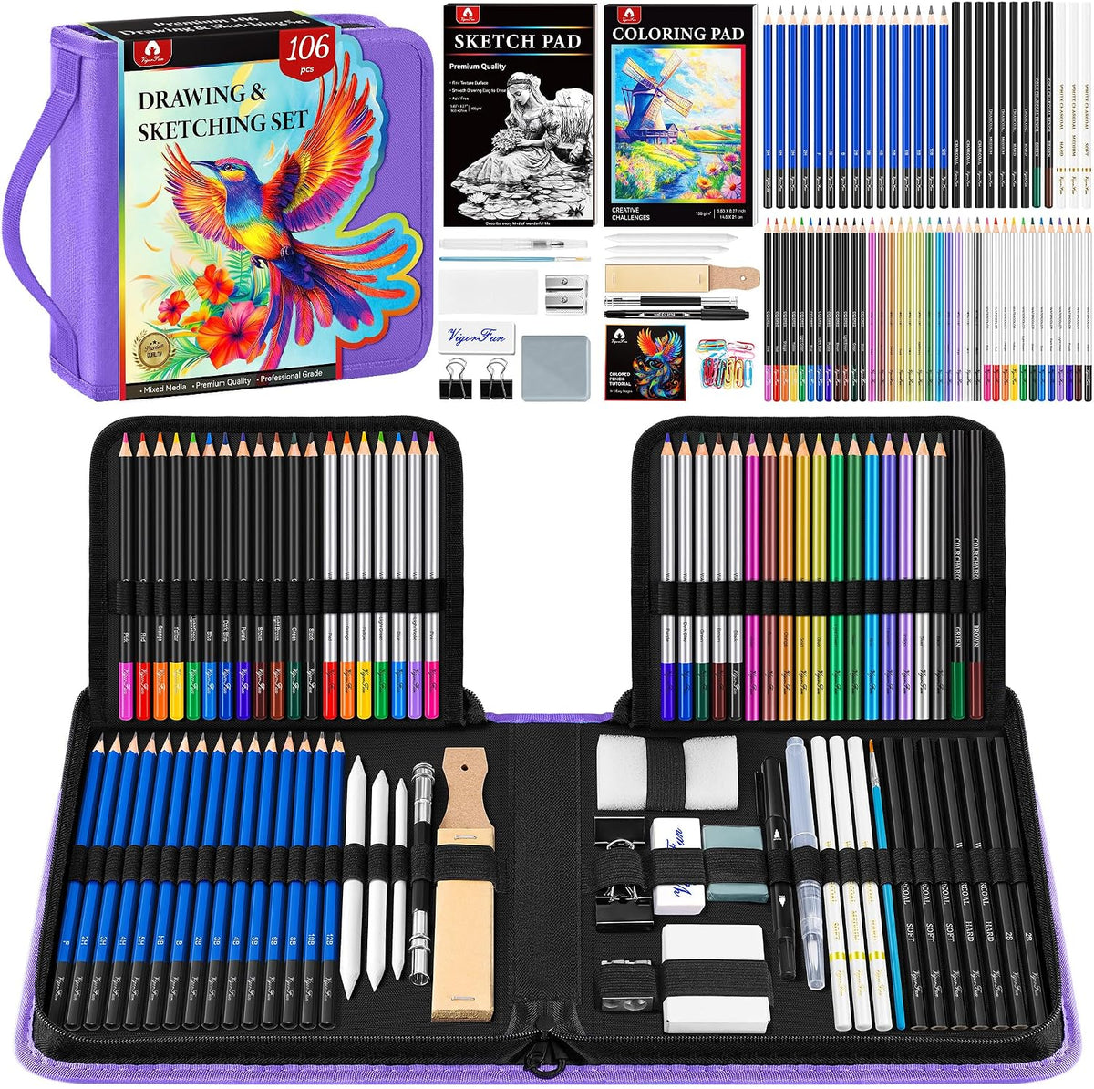106 PCS Art Supplies Sketching Kit, Pro Drawing Pencils Art Kit Adults Gift