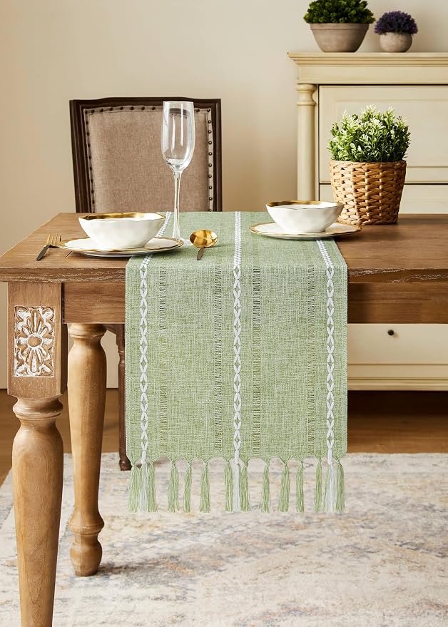 Hemstitched Farmhouse Table Runner, Sage Green 13x72 Inch, Cotton Linen Table
